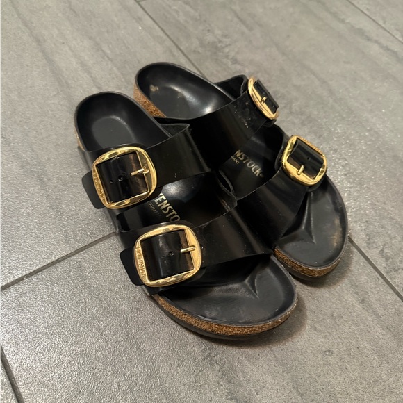 Birkenstock Black Sandals with Gold Buckles - Picture 1 of 2